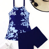 Conjunto de ropa de bano tankini de vacaciones para mujer con camiseta de tirantes estampada floral de playa de verano y pantalones cortos cuadrados de unicolor