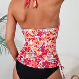 VCAY Conjunto de blusa halter de verano para mujer con estampado floral y Bottom de tankini triangular con unicolor para playa