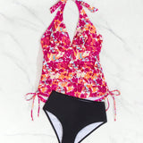 VCAY Conjunto de blusa halter de verano para mujer con estampado floral y Bottom de tankini triangular con unicolor para playa