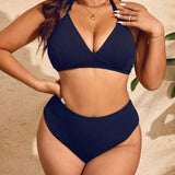 Swim Curve Conjunto de bikini sexy y veraniego de talla grande con diseno unicolor, estilo halter sin espalda y traje de bano separado