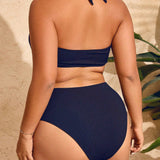 Swim Curve Conjunto de bikini sexy y veraniego de talla grande con diseno unicolor, estilo halter sin espalda y traje de bano separado