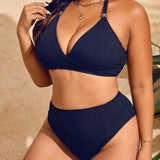 Swim Curve Conjunto de bikini sexy y veraniego de talla grande con diseno unicolor, estilo halter sin espalda y traje de bano separado