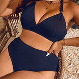 Swim Curve Conjunto de bikini sexy y veraniego de talla grande con diseno unicolor, estilo halter sin espalda y traje de bano separado