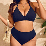 Swim Curve Conjunto de bikini sexy y veraniego de talla grande con diseno unicolor, estilo halter sin espalda y traje de bano separado