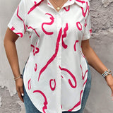 Camisa casual para mujer de a grande con mangas cortas y estampado al azar, estilo simple