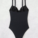 Swim Chicsea Traje de bano femenino de una pieza casual para la playa con empalme de malla de unicolor y tirantes ajustables