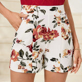 Clasi Shorts elegantes y elasticos de talle alto para mujer con estampado floral, con bolsillos oblicuos, para el verano