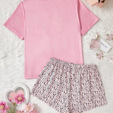 Conjunto de pijama rosa con estampado de corazones y leopardo para mujeres, que incluye pantalones cortos y una camiConjuntoa de manga corta, ropa casual para estar en casa