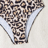 Traje de bano de una sola pieza con diseno retorcido frontal con estampado de leopardo para playa de verano con diseno de escote en V, estampado aleatorio y patron de impresion compatible