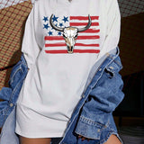 Camiseta de manga corta con estampado de bandera americana y patron simple de calavera de vaca para mujer en verano