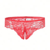 1 Pieza Panties Rojos De Encaje Con Entrepierna Abierta Para Mujer, Ropa Interior Sexy De Damas, Adecuada Para Atuendo De Fiesta En Casa