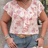 Frenchy Blusa casual de a grande con estilo de vacaciones, estampado floral ditsy y dobladillo con ribete de volantes