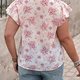 Frenchy Blusa casual de a grande con estilo de vacaciones, estampado floral ditsy y dobladillo con ribete de volantes