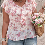 Frenchy Blusa casual de a grande con estilo de vacaciones, estampado floral ditsy y dobladillo con ribete de volantes