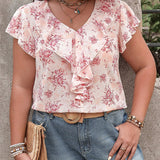 Frenchy Blusa casual de a grande con estilo de vacaciones, estampado floral ditsy y dobladillo con ribete de volantes