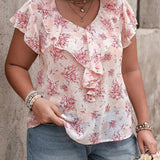 Frenchy Blusa casual de a grande con estilo de vacaciones, estampado floral ditsy y dobladillo con ribete de volantes