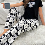 Conjunto de pijama de verano, Top de manga corta con estampado de koala y pantalones a cuadros para uso casual