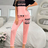 Conjunto de pijama para mujer con estampado de letras y bloqueo de color