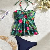 Swim Vcay Conjunto de bikini de dos piezas con estampado de plantas tropicales en la parte superior con cuello halter y Bottom de triangulo de un solo color