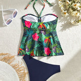 Swim Vcay Conjunto de bikini de dos piezas con estampado de plantas tropicales en la parte superior con cuello halter y Bottom de triangulo de un solo color