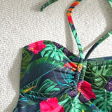 Swim Vcay Conjunto de bikini de dos piezas con estampado de plantas tropicales en la parte superior con cuello halter y Bottom de triangulo de un solo color