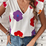 Camisa informal con estampado floral y dobladillo con ribetes de volantes para vacaciones