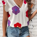 Camisa informal con estampado floral y dobladillo con ribetes de volantes para vacaciones