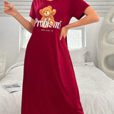 Vestido de dormir de verano con camiConjuntoa de manga corta impresa con letras de oso