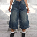 EZwear Pantalones Jeans de siete puntos y pierna ancha para mujeres con ajuste suelto y bolsillos