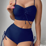 Swim Conjunto de bikini de tirantes finos para mujer, top negro sin cableado con cordon delantero, panty a juego con lazos laterales