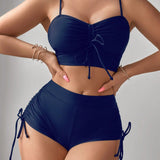 Swim Conjunto de bikini de tirantes finos para mujer, top negro sin cableado con cordon delantero, panty a juego con lazos laterales