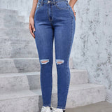 Jeans rotos lavados de ajuste delgado casuales para mujer