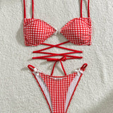 Swim Mod Conjunto de bikini de cuadros para mujer con decoracion de lazo, perfecto para vacaciones en la playa