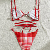 Swim Mod Conjunto de bikini de cuadros para mujer con decoracion de lazo, perfecto para vacaciones en la playa