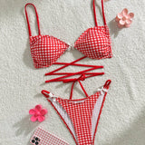 Swim Mod Conjunto de bikini de cuadros para mujer con decoracion de lazo, perfecto para vacaciones en la playa