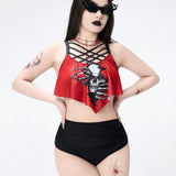 ROMWE Goth Conjunto de traje de bano tankini de moda de playa de verano para mujer con estampado de calaveras