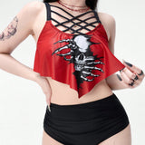 ROMWE Goth Conjunto de traje de bano tankini de moda de playa de verano para mujer con estampado de calaveras