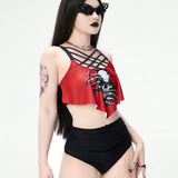 ROMWE Goth Conjunto de traje de bano tankini de moda de playa de verano para mujer con estampado de calaveras