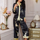 LuxeNights Conjunto de pijama pantalones con blusa con estampado floral ribete en contraste de Satin