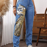 LUNE Pantalones Jeans casuales rectos para mujer con impresion de leopardo y bolsillos