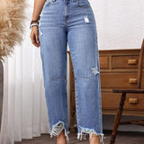 LUNE Jeans casuales de pierna recta para mujer con bolsillos rasgados