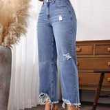 LUNE Jeans casuales de pierna recta para mujer con bolsillos rasgados