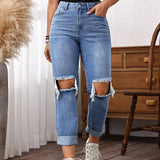 LUNE Jeans casuales de pierna recta para mujeres con bolsillos y detalles desgastados, adecuados para uso diario y viajes