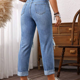 LUNE Jeans casuales de pierna recta para mujeres con bolsillos y detalles desgastados, adecuados para uso diario y viajes