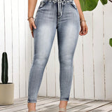 VCAY Pantalones Jeans de cintura alta para mujer con cinturon y bolsillos, ajuste delgado, para uso diario y para desplazamientos