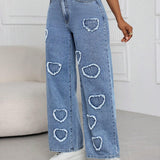 SXY Jeans holgados de pierna recta de moda con dobladillo deshilachado y bolsillos traseros con forma de corazon