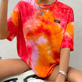 Camiseta casual de verano holgada para mujeres con cuello redondo, mangas caidas, patron de alfabeto y estampado de tie-dye