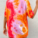 Camiseta casual de verano holgada para mujeres con cuello redondo, mangas caidas, patron de alfabeto y estampado de tie-dye