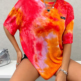 Camiseta casual de verano holgada para mujeres con cuello redondo, mangas caidas, patron de alfabeto y estampado de tie-dye