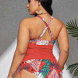 Swim Lushore Ropa de playa de talla grande con estampado tropical de patchwork, conjunto de traje de bano con parte superior de cordon colgante lateral y panty tipo triangular, verano